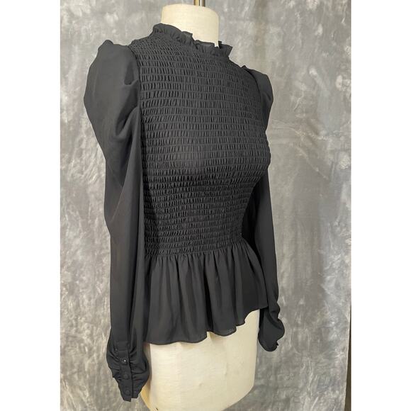 Black ruched smocked long sleeve top peplum frilly neck WAYF blouse victorian - Picture 1 of 12